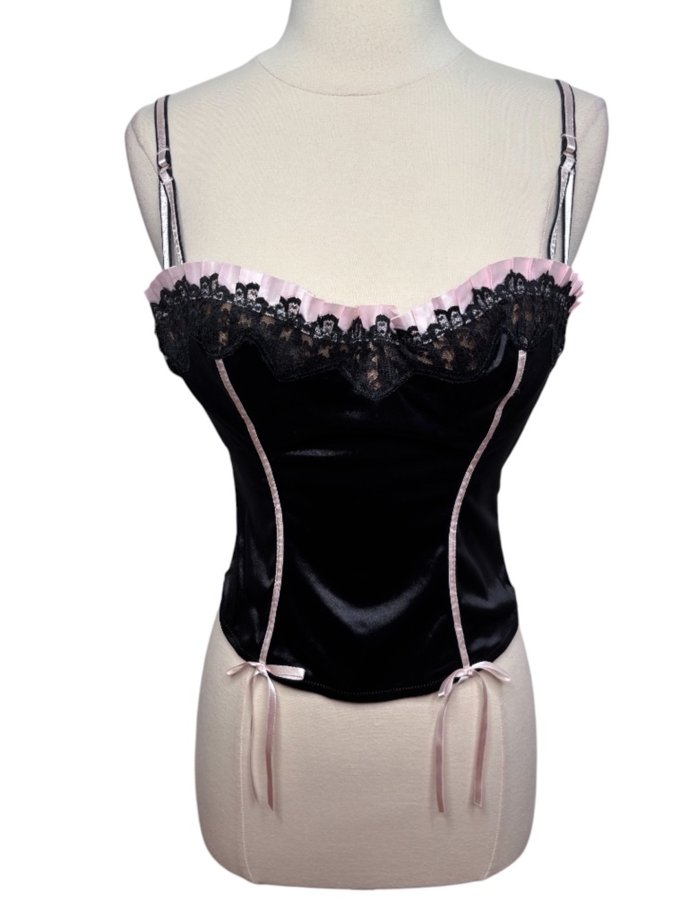 Victoria's Secret Sexy Little Things Y2K Black Satin Pink Ribbon Corset Top 36B
